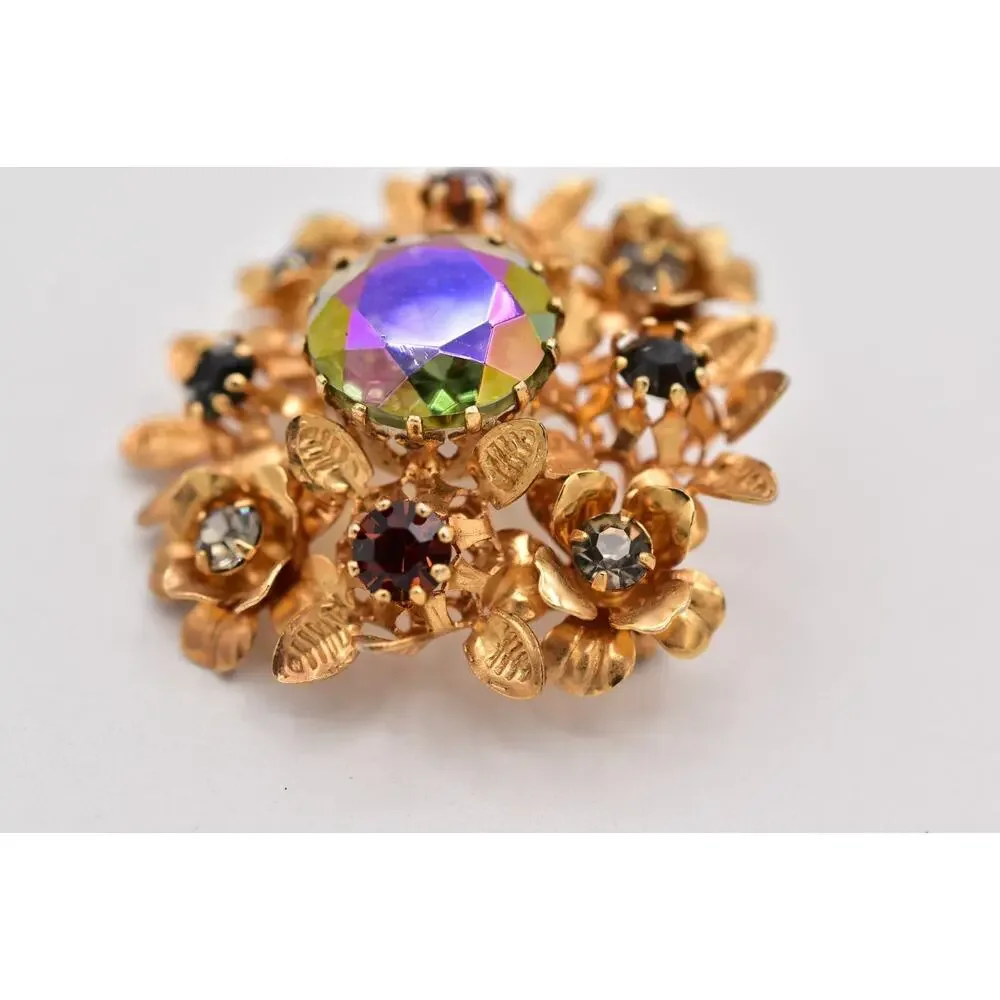Vintage Austrian Crystal Pin Brooch Flower Gold Tone Aurora Borealis 1960s BinBI